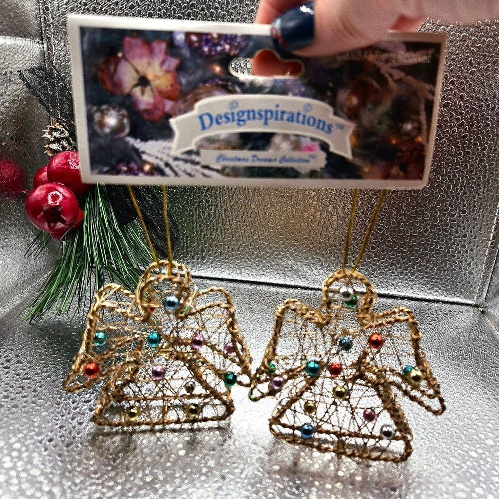 "5/$40" Set Of 2 New Old Stock Vtg Mesh Gold Multicolored Bead Angel Ornaments